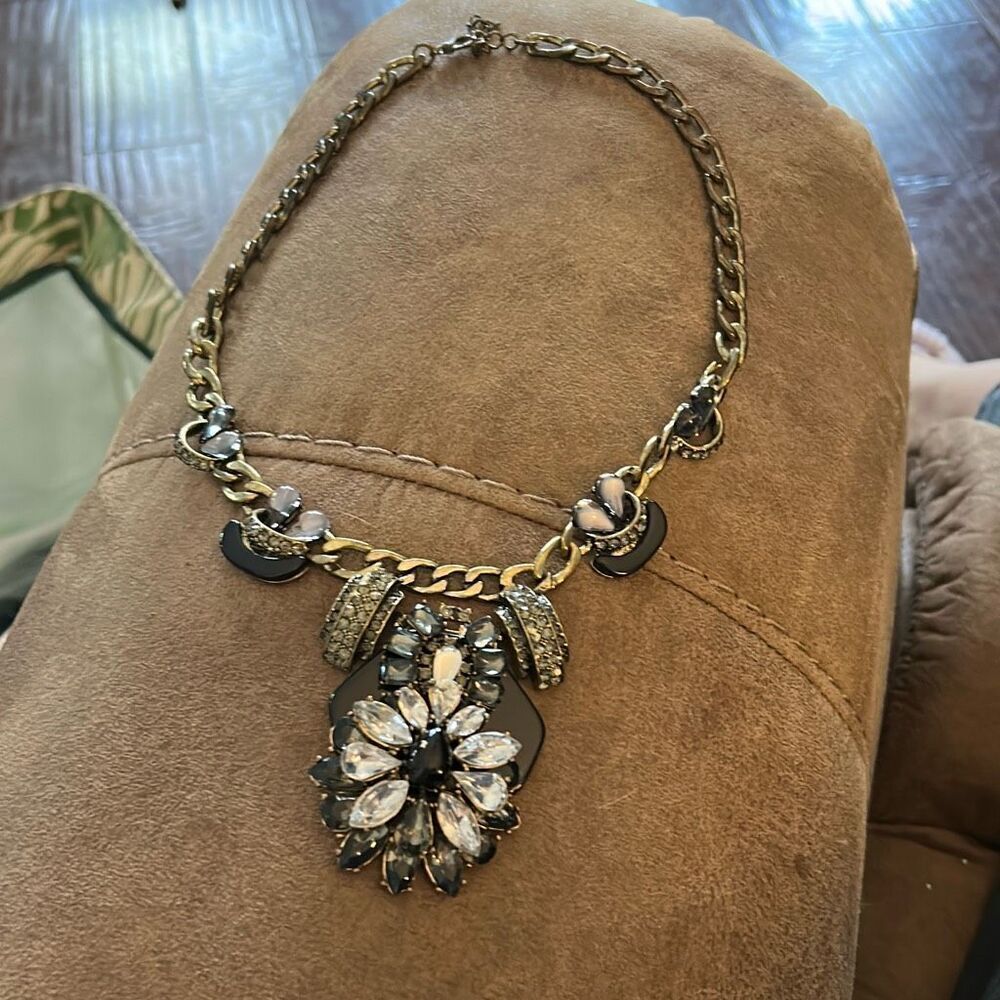 Black‎ Enamel & Rhinestone Floral Statement Necklace  23"